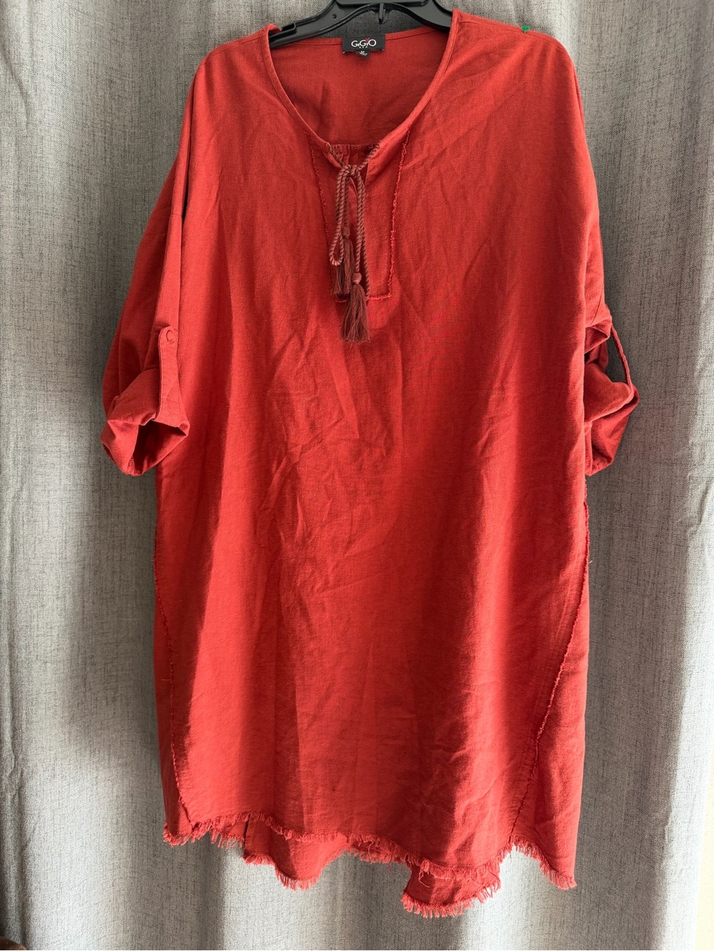Casual Rusty orange linen long-Sleeve Tunic Dress with Tassel Tie